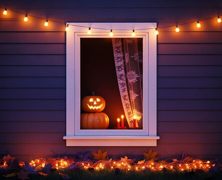 A glowing jack o lantern sits in a window decorated with festive string lights for halloween night