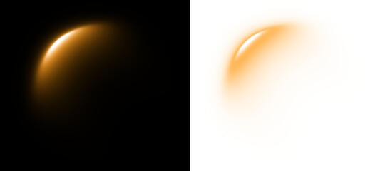 Warm orange curved crescent rim light optical lens flare arc effect isolated overlay on black and white background © Noy