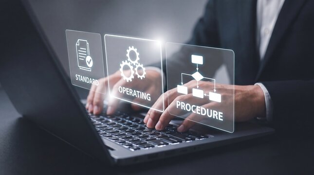 Businessman using laptop with digital interface for business process management and operations