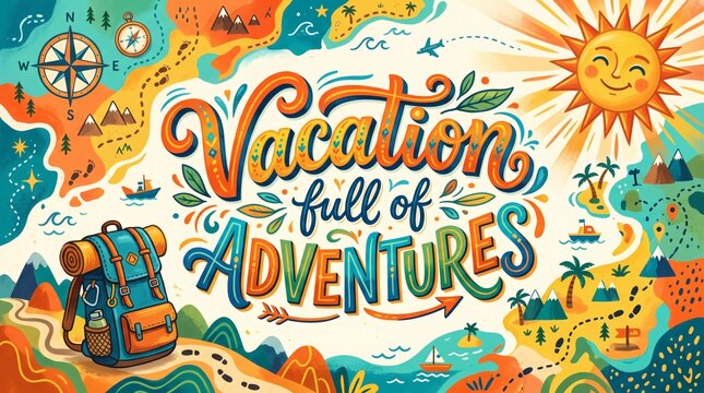Vacation full of adventures illustrated with a map compass backpack and sun