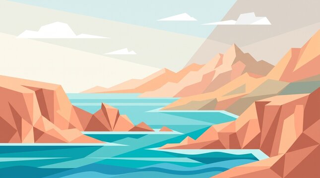 Low-poly abstract coastal landscape featuring geometric orange mountains, teal sea, jagged cliffs, and stylized white clouds under a pale sky. Digital vector art style with sharp angles.