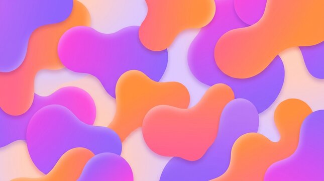 Abstract background with colorful organic blobs and soft gradients in purple, orange, and pink. Overlapping fluid shapes with subtle drop shadows create a layered 3D depth effect.