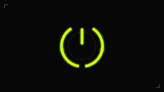 Glowing neon green power button icon with digital HUD elements