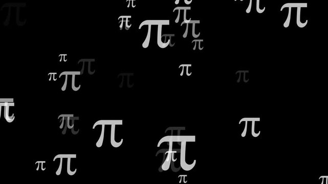 Pi symbol icon, animation of a collection of Pi symbols, black background, motion graphics, 4K video.