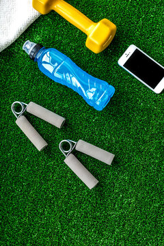 concept preparing to fitness sports equipment top view mock up