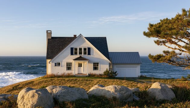 A white house sits on a grassy hill above the ocean with large rocks in front