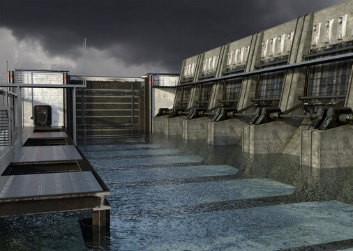 Dramatic view of water lock structure under dark cloudy sky, high resolution 3d render. No AI used.