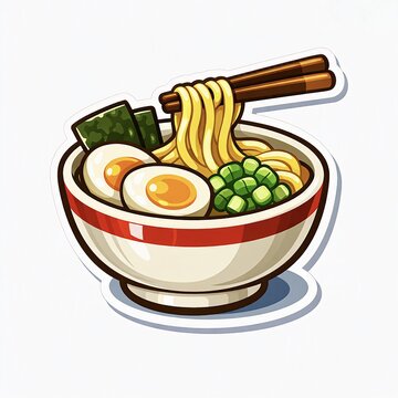 Ramen noodle bowl sticker illustration, cartoon Japanese soup with egg and chopsticks isolated on white background