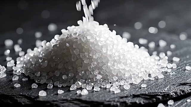 Sea Salt Crystals Falling Onto A Dark Textured Slate Surface