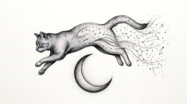 Black and white cat jumping over crescent moon