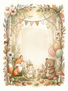 Cute Woodland Animals Forest Frame with Bunting and Balloons for Baby Shower Invitation or Birthday Card Design