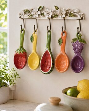 Colorful Fruit Measuring Spoons Hanging in Kitchen Decorative ceramic measuring spoons shaped like colorful fruits hang from a wall rack, adding cheerful charm to a bright kitchen.