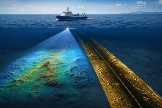 Research vessel mapping seabed with multibeam sonar swath