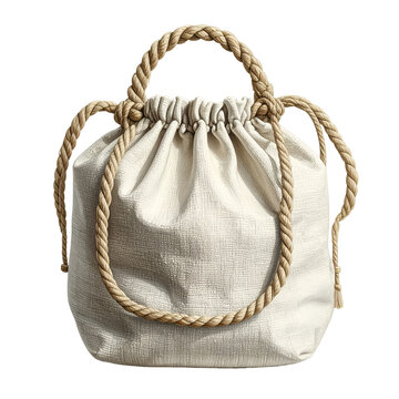 Natural linen drawstring pouch with rustic twisted rope handle, isolated