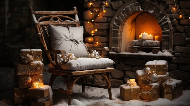 A cozy armchair adorned with a soft pillow sits by a crackling fireplace, surrounded by the warmth of candlelight and the festive glow of Christmas ornaments.