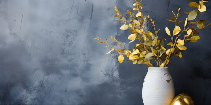 A single vase filled with golden leaves sits against a textured gray background with a golden egg resting in the shadow of the vase.