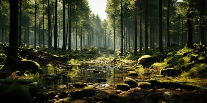 Sunbeams pierce through a dense forest canopy, illuminating a winding stream that meanders through a landscape of moss-covered rocks and lush greenery.