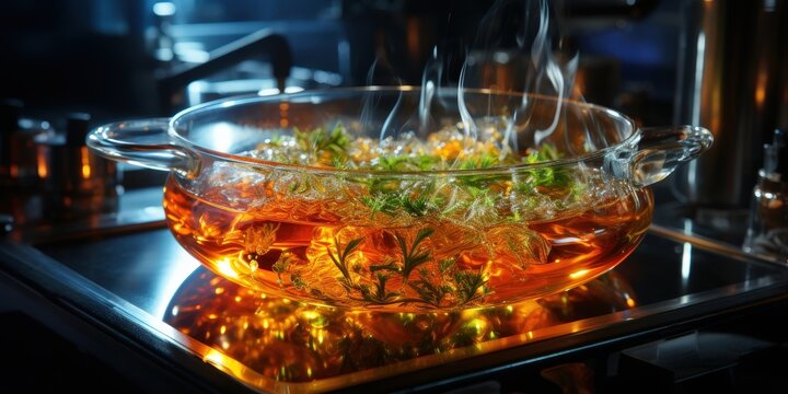 A glass pot with steam rising from its contents, filled with a golden liquid and green herbs, sits on a black stovetop, reflecting the warm light from below.