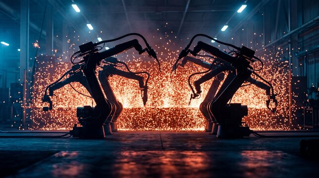 Industrial Robotic Arms Welding Metal in Automated Factory