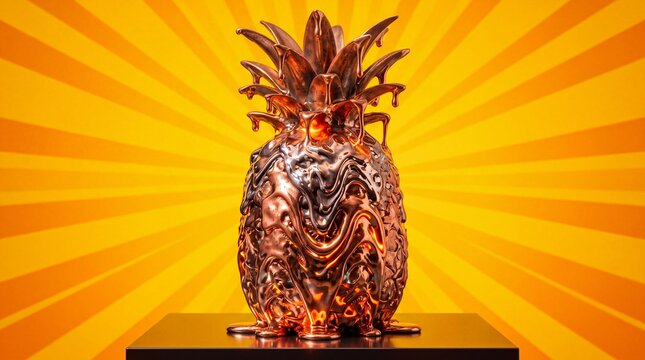 Melting Bronze Pineapple on Vibrant Orange Sunburst Background