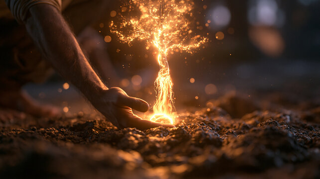 Hand Nurturing Glowing Tree Sprouting from Earth