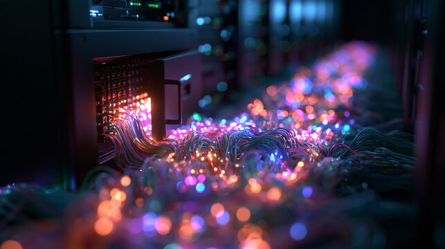 Glowing Fiber Optic Cables Flowing from Server Room Rack