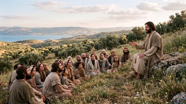 Jesus Christ teaching a crowd of followers on a hillside overlooking a lake and olive groves