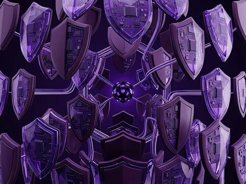 Abstract digital background featuring a symmetrical pattern of glowing purple metallic shield shapes on dark backdrop