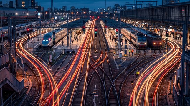 Train Station Tracks with Light Trails at Night