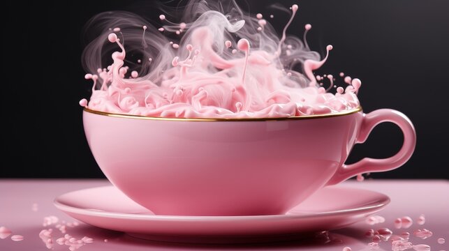 Pink Liquid Splashes and Steam in a Teacup, a Whimsical Abstract of Movement and Ethereal Beauty