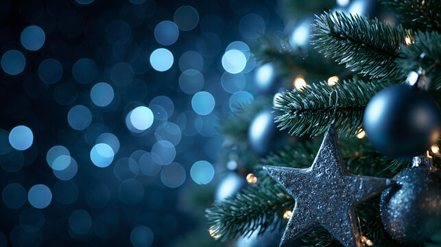 Christmas Tree Decorated with Silver Star and Blue Ornaments