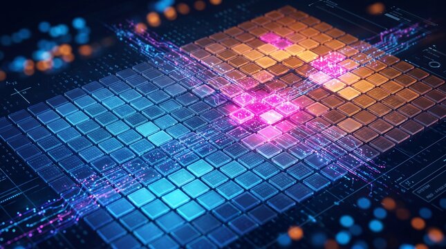 Futuristic Microprocessor Chip with Glowing Digital Data Grid