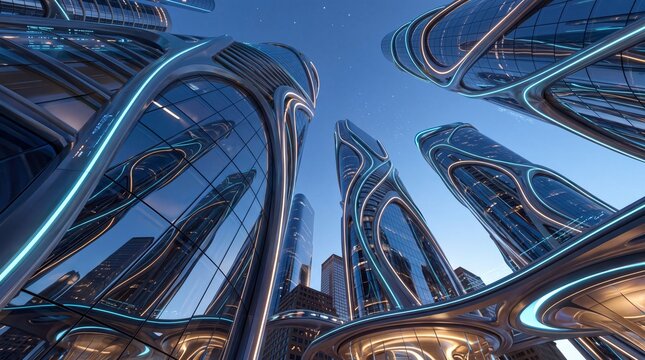 Futuristic Modern Skyscrapers in Sci-Fi City at Night