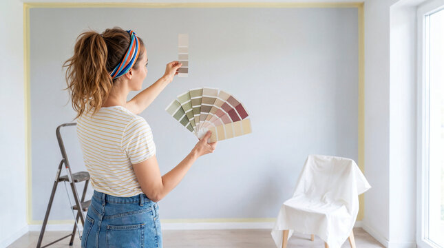 Woman comparing paint color swatches against a freshly prepared interior wall while choosing a neutral palette for home renovation and decorating.