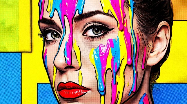 Pop Art Illustration of Woman with Colorful Dripping Paint