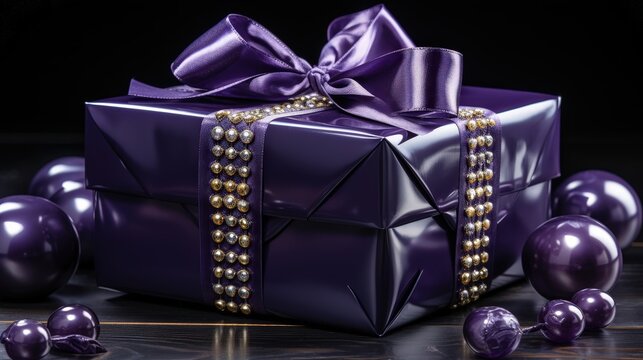 A Purple Gift Box Decorated with a Bow and Rhinestones on a Dark Wooden Table