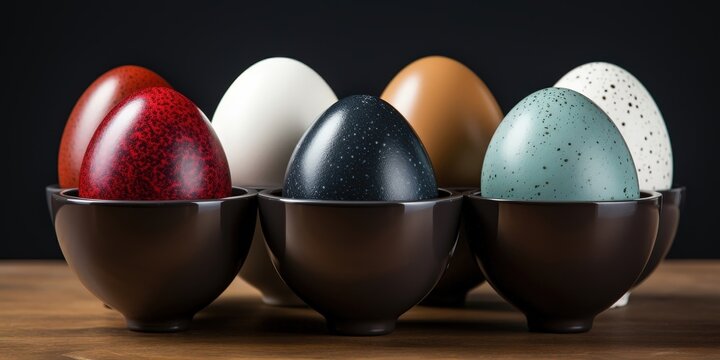 A Row of Six Specked Eggs in Brown Cups on a Wooden Surface