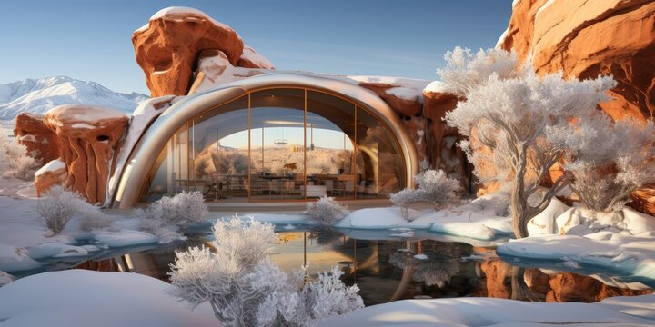 A modern architectural marvel nestled amidst snow-covered desert cliffs, featuring a large window offering a panoramic view of the surrounding landscape