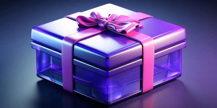 A shimmering, iridescent purple gift box tied with a vibrant pink bow, reflecting light and creating a captivating visual contrast.