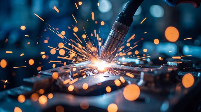 Robotic Welding Torch Working on Metal Component with Sparks