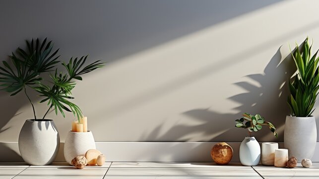 A minimalist interior design with potted plants, candles, and decorative objects against a neutral wall with natural light streaming through a window.