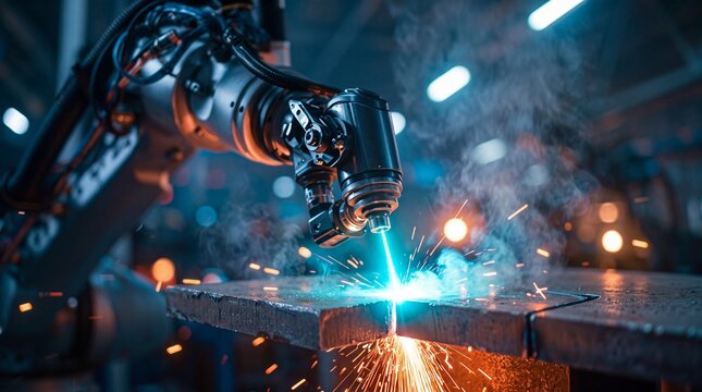 Robotic Arm Laser Cutting Metal in Modern Factory