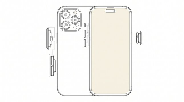 Smartphone disassembly blueprint scheme showing internal parts and camera setup