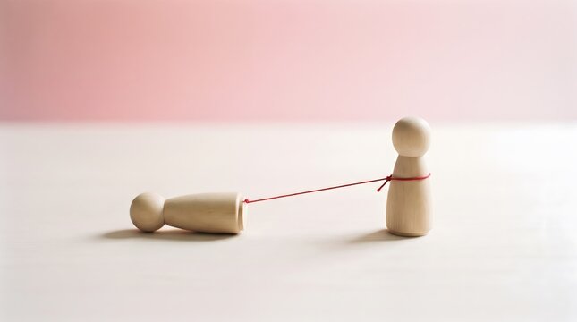 Wooden doll peg connected by a red string to a fallen figure, illustrating dependency, influence, or interpersonal attachment