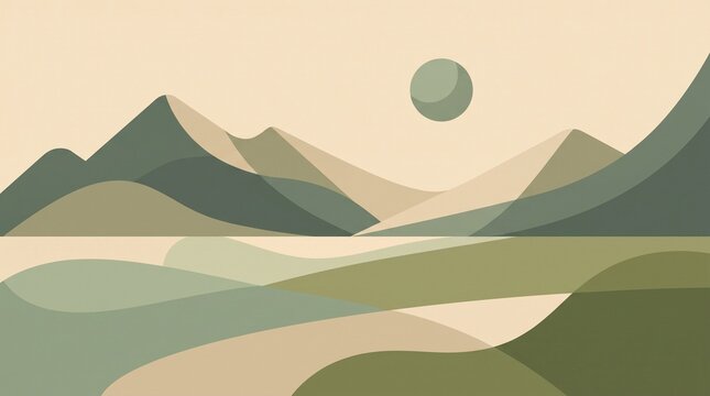 Abstract geometric landscape with minimalist mountains and a circular sun in muted green and beige tones. Flat vector illustration featuring layered hills and mountain peaks.