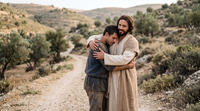 Jesus Christ embraces a man in a dusty landscape, symbolizing compassion and divine love in a biblical setting