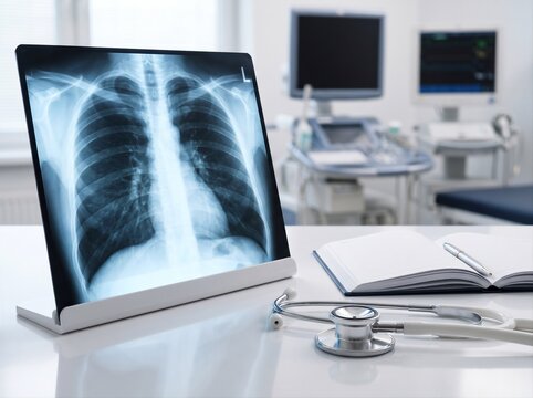Macro X-ray of human lungs with stethoscope and notebook. Respiratory diseases, pulmonology concept. Illustrative material for the medical campaign