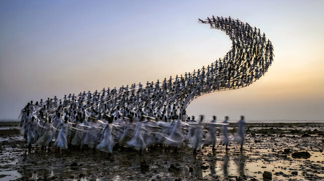 Abstract crowd of people in white dresses forming a dynamic wave on wet sand beach.