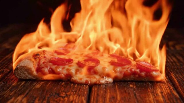 Cheesy Pizza Slice Surrounded by Blazing Fire Flames Close Up