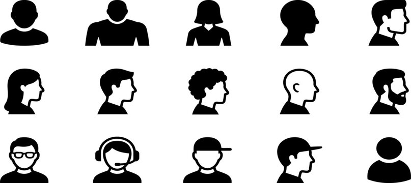 Set of various human avatar icons representing different people profiles and user characters in black and white style